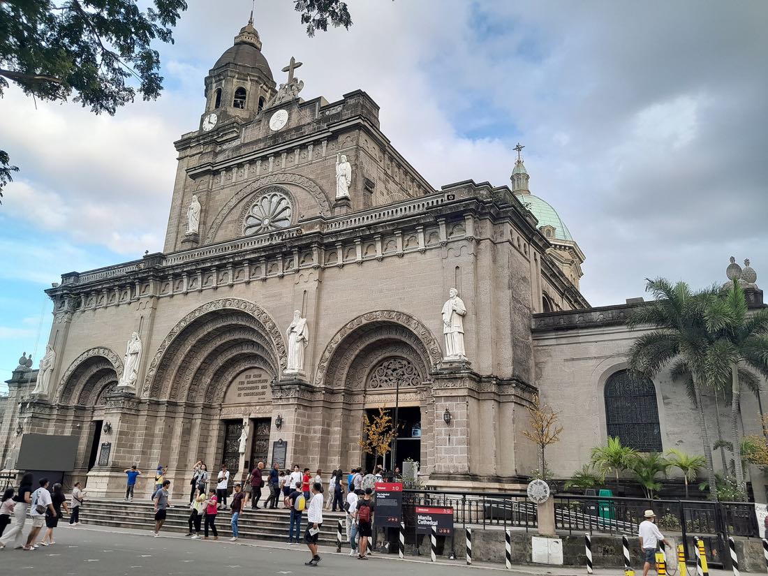 The facade of Manila Cathedral on Plaza Roma in Intramuros